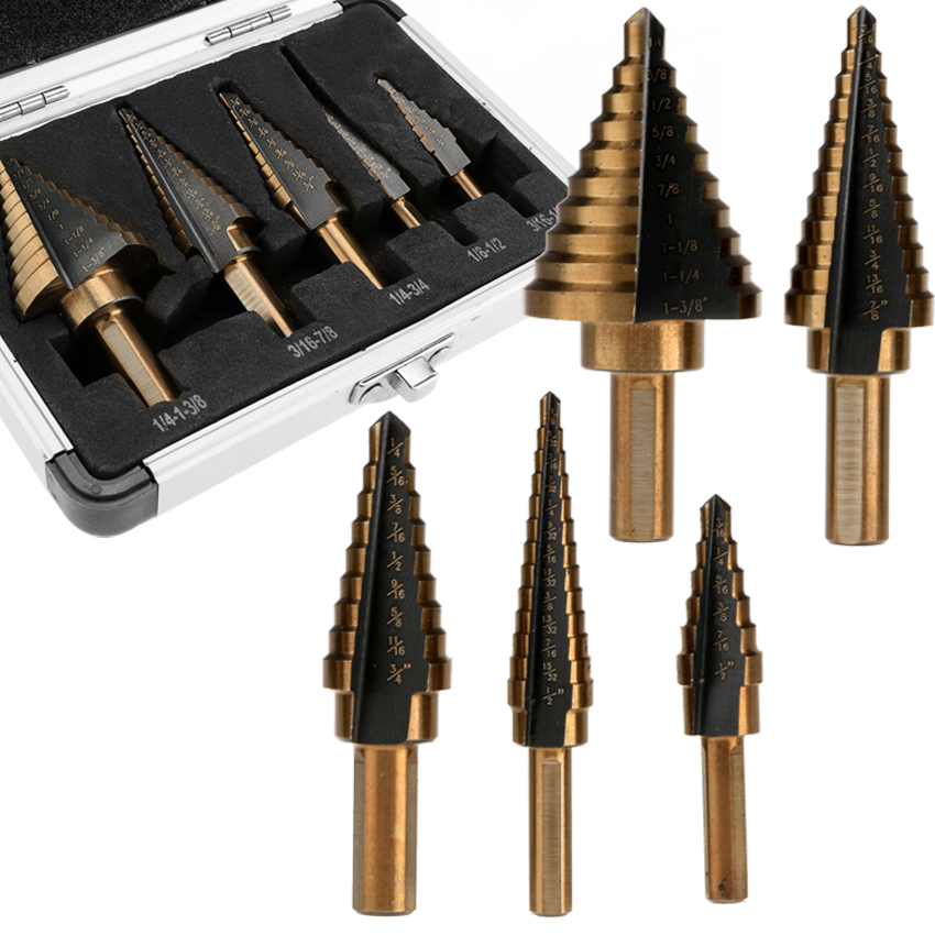 Details about   5Pcs Large Metal Step Drill Bit Set HSS Multiple Hole Cutter 50 Sizes with Case